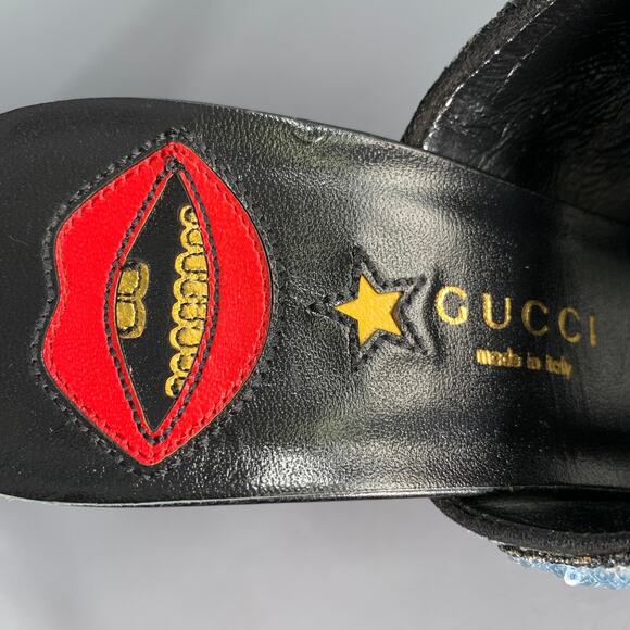GUCCI Size 8 Trompe L'oeil Blue Red Gold Beaded Mules Sandals - Picture 8 of 10
